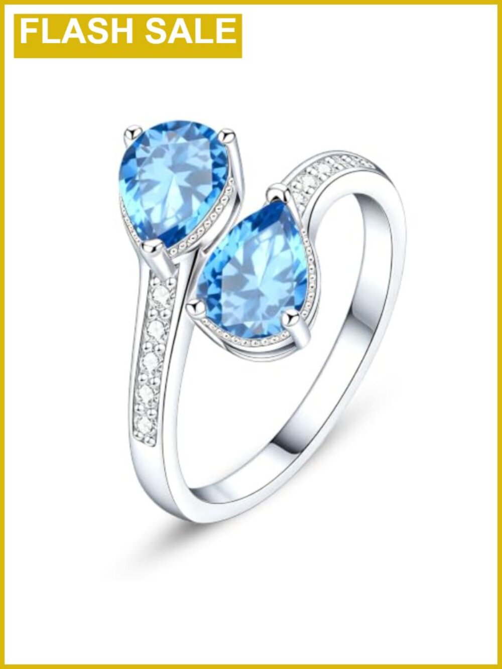 Rhodium Plated Adjustable Teardrop Birthstone Ring Simulated Blue Topaz CZ